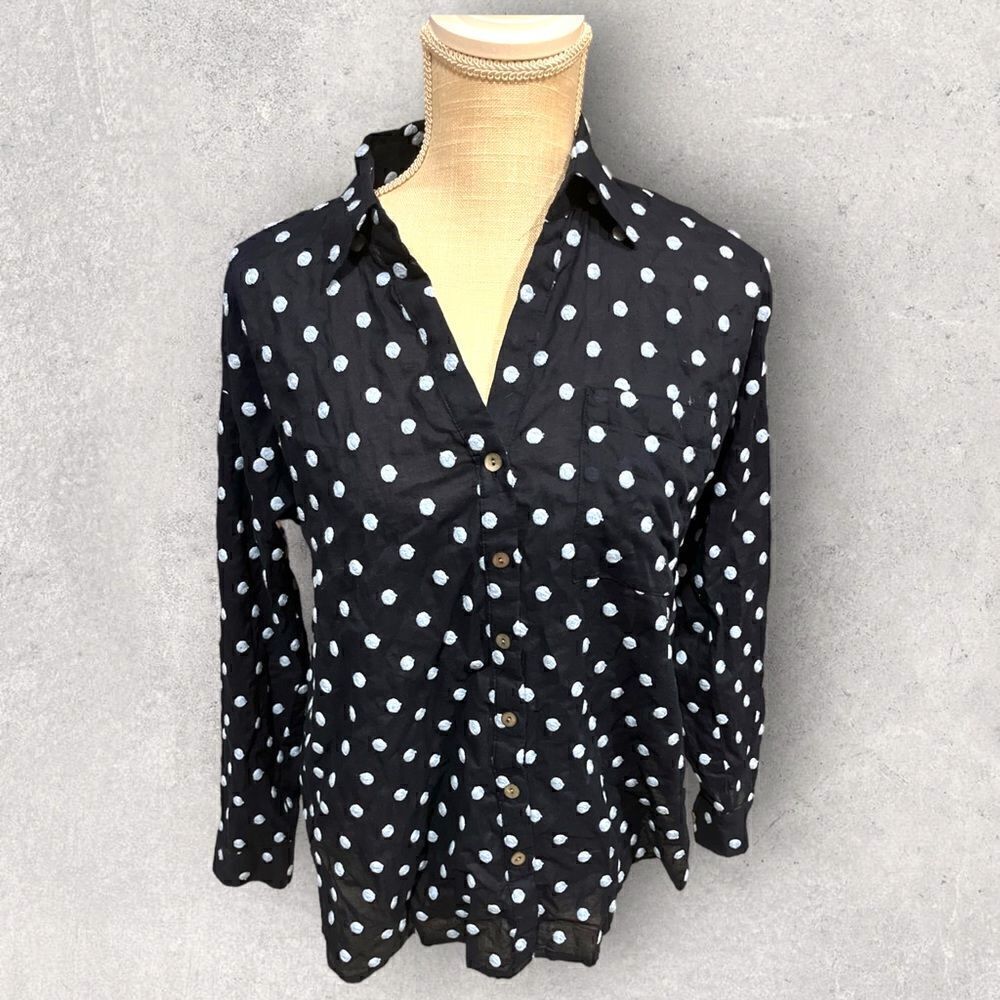 J Jill | EUC Women’s Navy Blue Button-down with Embroidered Polka Dots Size XS P
